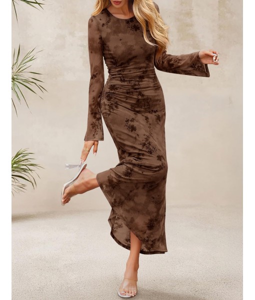 ZESICA Women's Long Sleeve Floral Bodycon Dress 2025 Fall Fashion Ruched Mesh Wedding Guest Cocktail Party Maxi Dresses