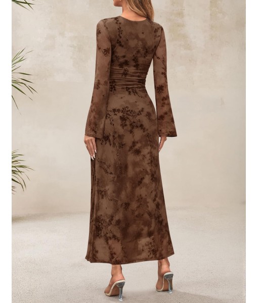ZESICA Women's Long Sleeve Floral Bodycon Dress 2025 Fall Fashion Ruched Mesh Wedding Guest Cocktail Party Maxi Dresses