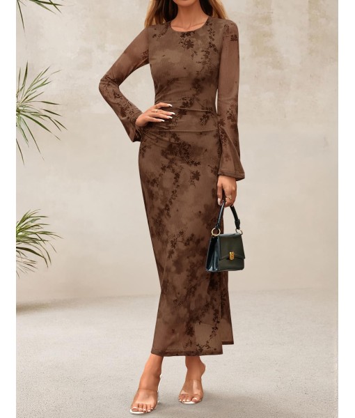 ZESICA Women's Long Sleeve Floral Bodycon Dress 2025 Fall Fashion Ruched Mesh Wedding Guest Cocktail Party Maxi Dresses