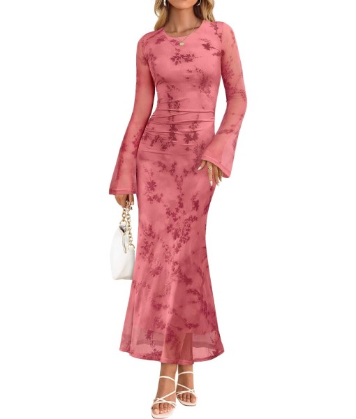 ZESICA Women's Long Sleeve Floral Bodycon Dress 2025 Fall Fashion Ruched Mesh Wedding Guest Cocktail Party Maxi Dresses