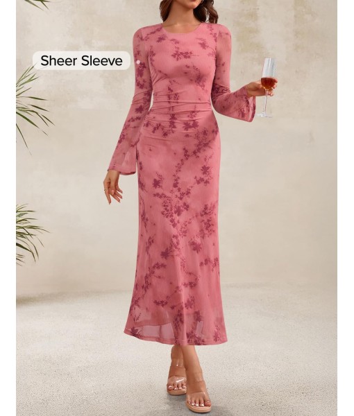 ZESICA Women's Long Sleeve Floral Bodycon Dress 2025 Fall Fashion Ruched Mesh Wedding Guest Cocktail Party Maxi Dresses