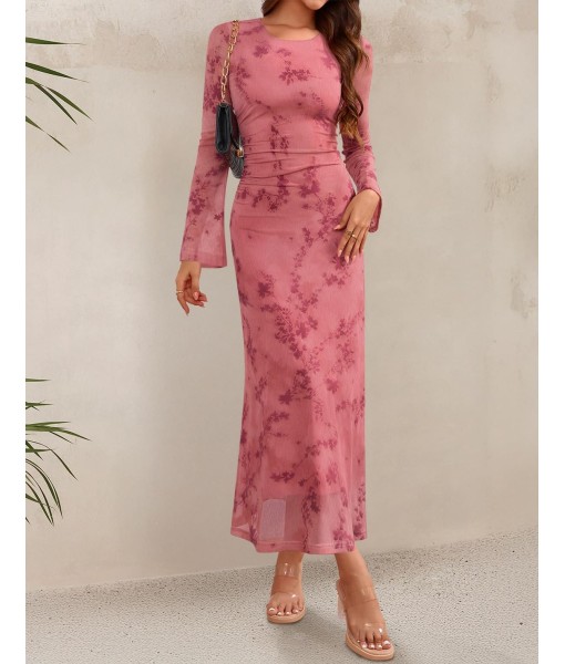 ZESICA Women's Long Sleeve Floral Bodycon Dress 2025 Fall Fashion Ruched Mesh Wedding Guest Cocktail Party Maxi Dresses