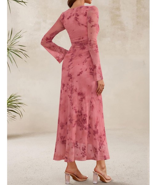ZESICA Women's Long Sleeve Floral Bodycon Dress 2025 Fall Fashion Ruched Mesh Wedding Guest Cocktail Party Maxi Dresses