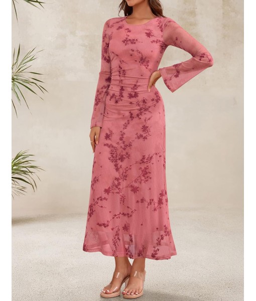ZESICA Women's Long Sleeve Floral Bodycon Dress 2025 Fall Fashion Ruched Mesh Wedding Guest Cocktail Party Maxi Dresses