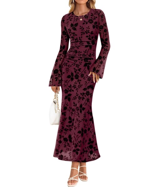 ZESICA Women's Long Sleeve Floral Bodycon Dress 2025 Fall Fashion Ruched Mesh Wedding Guest Cocktail Party Maxi Dresses