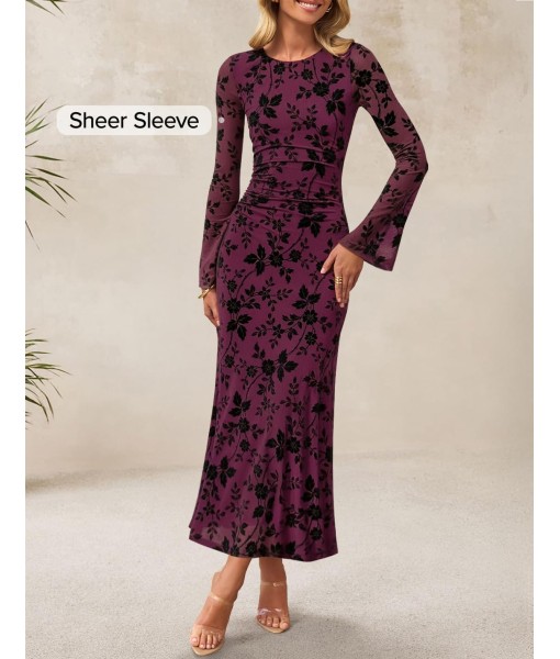 ZESICA Women's Long Sleeve Floral Bodycon Dress 2025 Fall Fashion Ruched Mesh Wedding Guest Cocktail Party Maxi Dresses