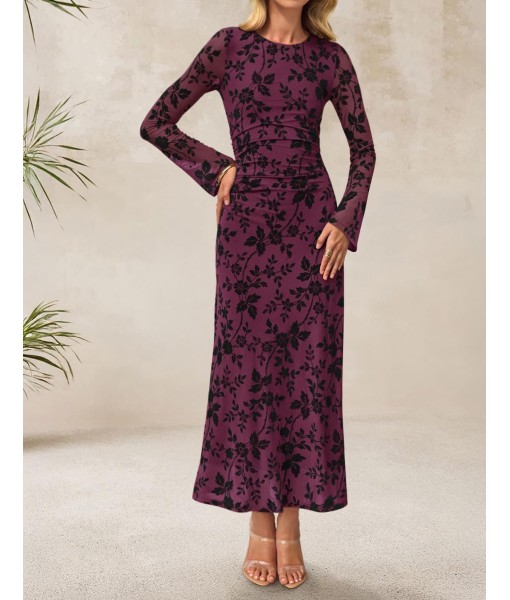 ZESICA Women's Long Sleeve Floral Bodycon Dress 2025 Fall Fashion Ruched Mesh Wedding Guest Cocktail Party Maxi Dresses