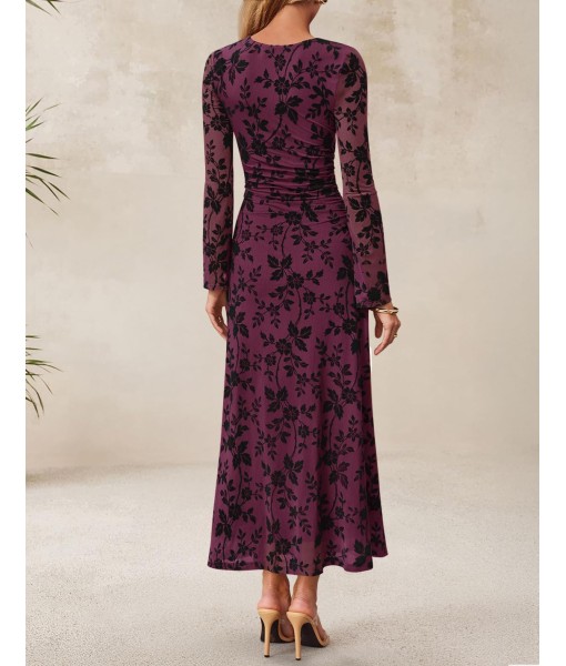 ZESICA Women's Long Sleeve Floral Bodycon Dress 2025 Fall Fashion Ruched Mesh Wedding Guest Cocktail Party Maxi Dresses