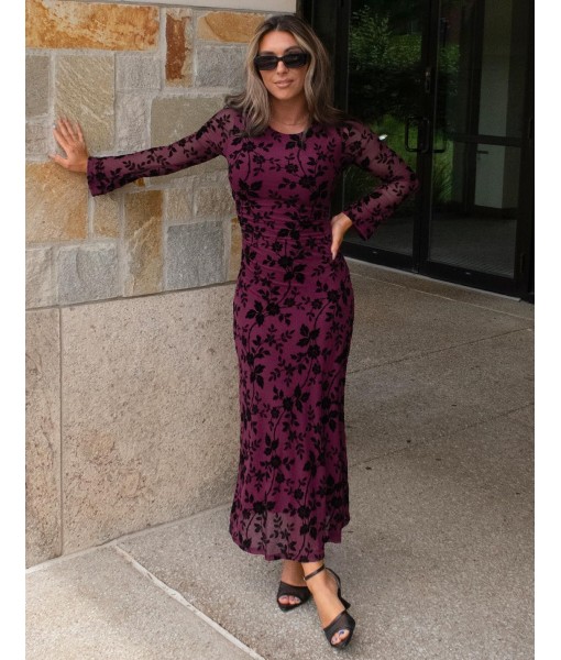ZESICA Women's Long Sleeve Floral Bodycon Dress 2025 Fall Fashion Ruched Mesh Wedding Guest Cocktail Party Maxi Dresses