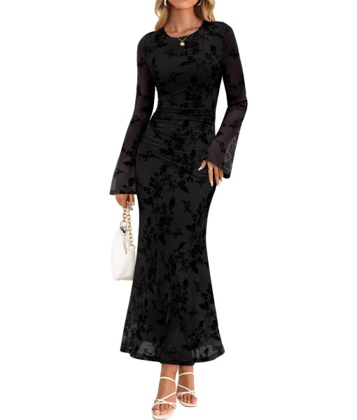 ZESICA Women's Long Sleeve Floral Bodycon Dress 2025 Fall Fashion Ruched Mesh Wedding Guest Cocktail Party Maxi Dresses