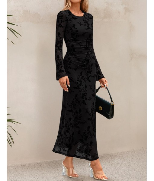 ZESICA Women's Long Sleeve Floral Bodycon Dress 2025 Fall Fashion Ruched Mesh Wedding Guest Cocktail Party Maxi Dresses
