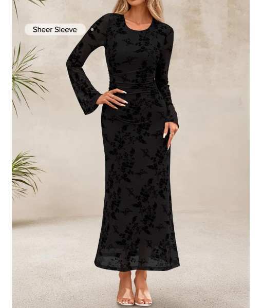 ZESICA Women's Long Sleeve Floral Bodycon Dress 2025 Fall Fashion Ruched Mesh Wedding Guest Cocktail Party Maxi Dresses