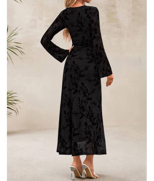 ZESICA Women's Long Sleeve Floral Bodycon Dress 2025 Fall Fashion Ruched Mesh Wedding Guest Cocktail Party Maxi Dresses