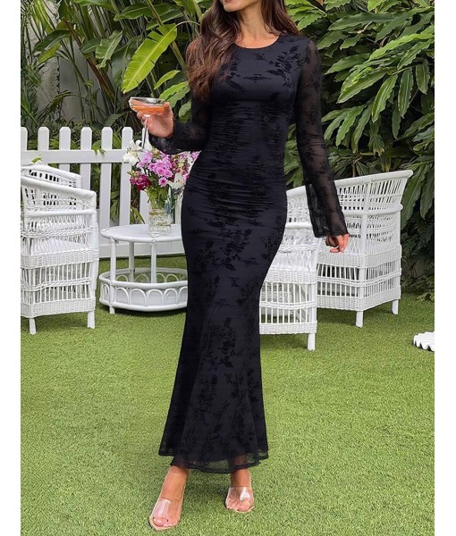 ZESICA Women's Long Sleeve Floral Bodycon Dress 2025 Fall Fashion Ruched Mesh Wedding Guest Cocktail Party Maxi Dresses