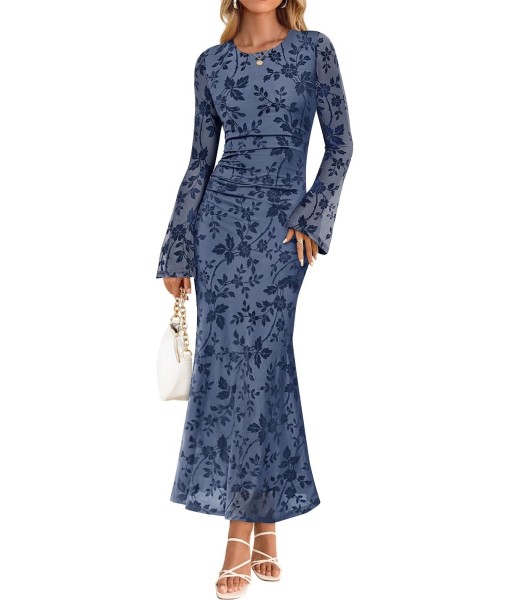 ZESICA Women's Long Sleeve Floral Bodycon Dress 2025 Fall Fashion Ruched Mesh Wedding Guest Cocktail Party Maxi Dresses