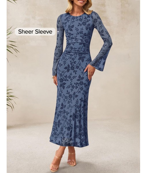 ZESICA Women's Long Sleeve Floral Bodycon Dress 2025 Fall Fashion Ruched Mesh Wedding Guest Cocktail Party Maxi Dresses