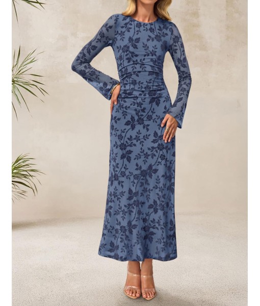 ZESICA Women's Long Sleeve Floral Bodycon Dress 2025 Fall Fashion Ruched Mesh Wedding Guest Cocktail Party Maxi Dresses