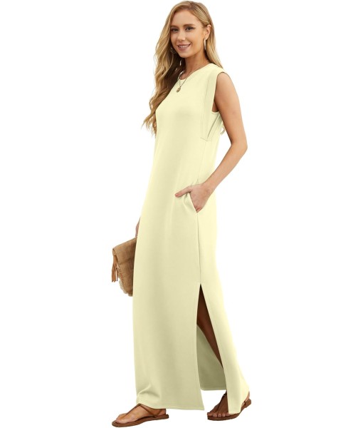 GRECERELLE 2025 Women Year-Round Casual Round Neck Loose Split Wrinkle-Free Long Maxi Vacation Dress with Pockets (XS-3XL)