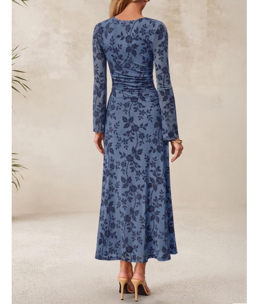 ZESICA Women's Long Sleeve Floral Bodycon Dress 2025 Fall Fashion Ruched Mesh Wedding Guest Cocktail Party Maxi Dresses