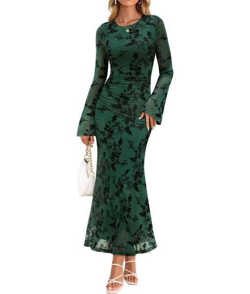 ZESICA Women's Long Sleeve Floral Bodycon Dress 2025 Fall Fashion Ruched Mesh Wedding Guest Cocktail Party Maxi Dresses