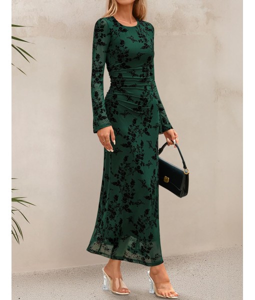 ZESICA Women's Long Sleeve Floral Bodycon Dress 2025 Fall Fashion Ruched Mesh Wedding Guest Cocktail Party Maxi Dresses