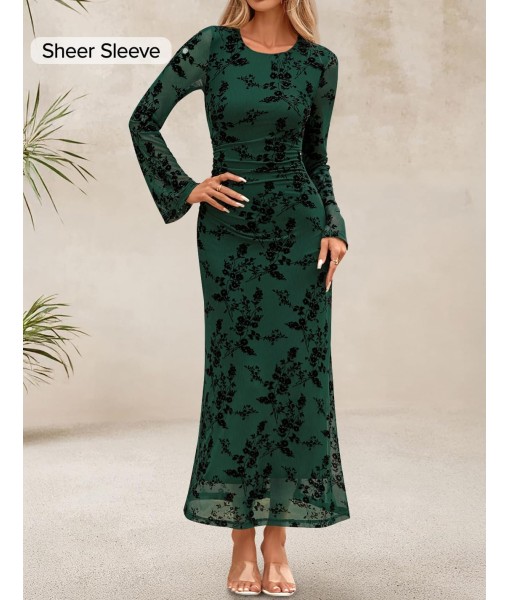 ZESICA Women's Long Sleeve Floral Bodycon Dress 2025 Fall Fashion Ruched Mesh Wedding Guest Cocktail Party Maxi Dresses