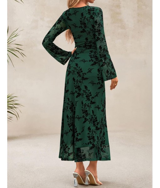 ZESICA Women's Long Sleeve Floral Bodycon Dress 2025 Fall Fashion Ruched Mesh Wedding Guest Cocktail Party Maxi Dresses