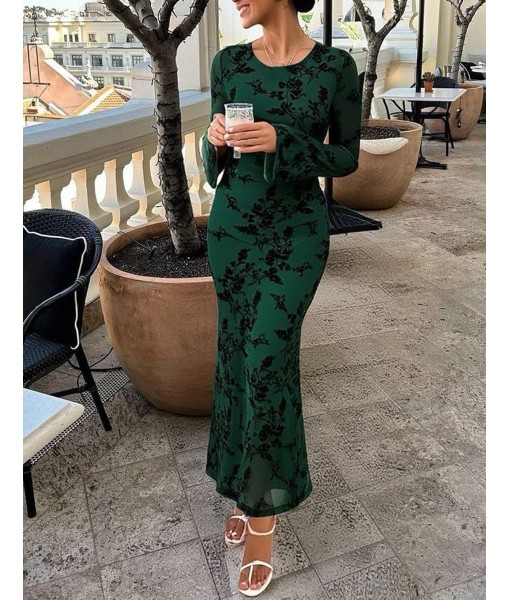 ZESICA Women's Long Sleeve Floral Bodycon Dress 2025 Fall Fashion Ruched Mesh Wedding Guest Cocktail Party Maxi Dresses