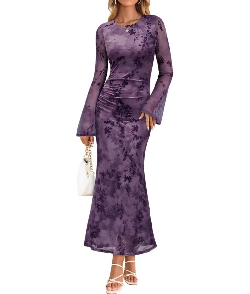 ZESICA Women's Long Sleeve Floral Bodycon Dress 2025 Fall Fashion Ruched Mesh Wedding Guest Cocktail Party Maxi Dresses