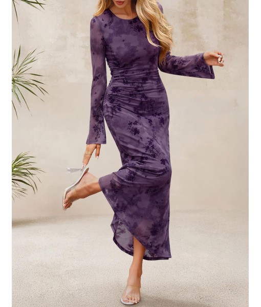 ZESICA Women's Long Sleeve Floral Bodycon Dress 2025 Fall Fashion Ruched Mesh Wedding Guest Cocktail Party Maxi Dresses