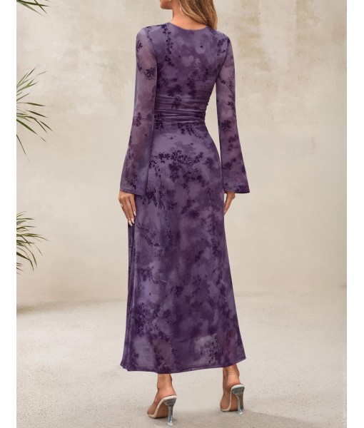 ZESICA Women's Long Sleeve Floral Bodycon Dress 2025 Fall Fashion Ruched Mesh Wedding Guest Cocktail Party Maxi Dresses