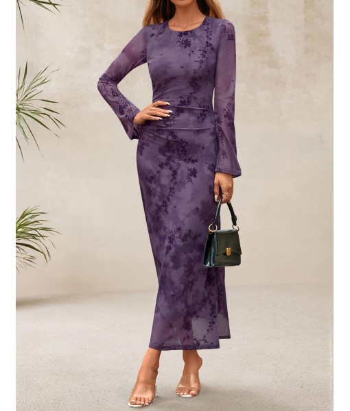 ZESICA Women's Long Sleeve Floral Bodycon Dress 2025 Fall Fashion Ruched Mesh Wedding Guest Cocktail Party Maxi Dresses