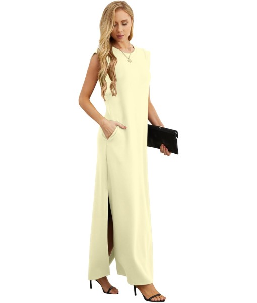 GRECERELLE 2025 Women Year-Round Casual Round Neck Loose Split Wrinkle-Free Long Maxi Vacation Dress with Pockets (XS-3XL)