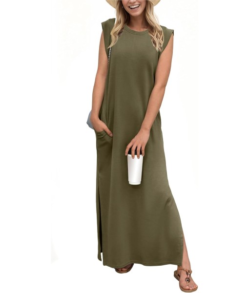 GRECERELLE 2025 Women Year-Round Casual Round Neck Loose Split Wrinkle-Free Long Maxi Vacation Dress with Pockets (XS-3XL)