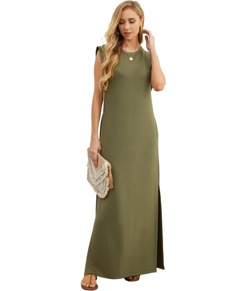 GRECERELLE 2025 Women Year-Round Casual Round Neck Loose Split Wrinkle-Free Long Maxi Vacation Dress with Pockets (XS-3XL)