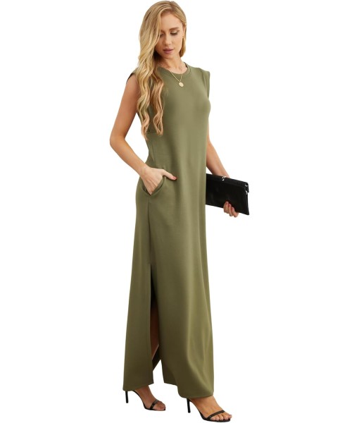 GRECERELLE 2025 Women Year-Round Casual Round Neck Loose Split Wrinkle-Free Long Maxi Vacation Dress with Pockets (XS-3XL)