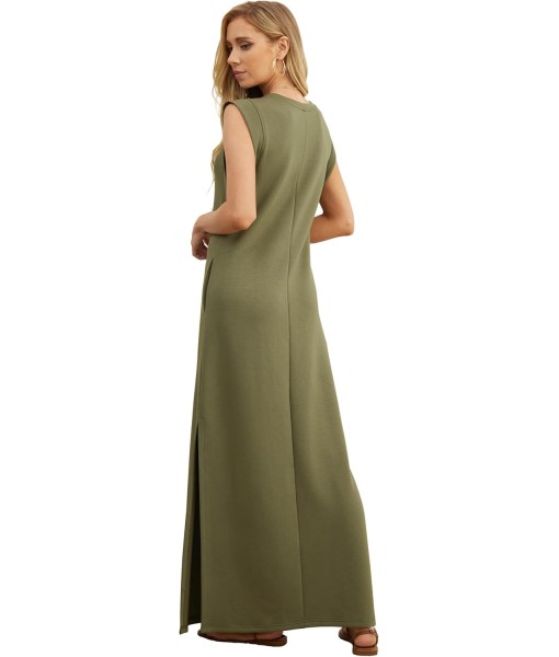 GRECERELLE 2025 Women Year-Round Casual Round Neck Loose Split Wrinkle-Free Long Maxi Vacation Dress with Pockets (XS-3XL)