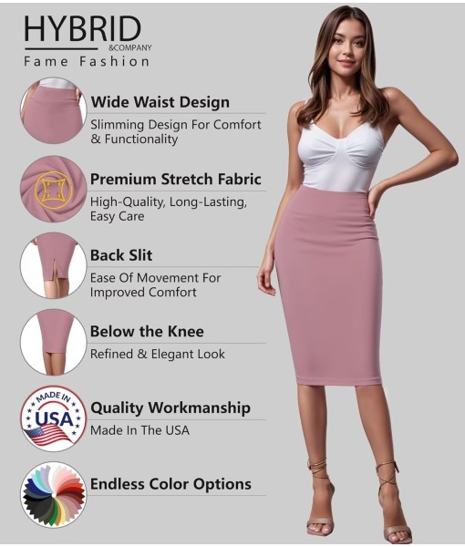 Hybrid & Company Women's Premium Nylon Ponte Stretch High Waist Pencil Suit Skirt Below Knee