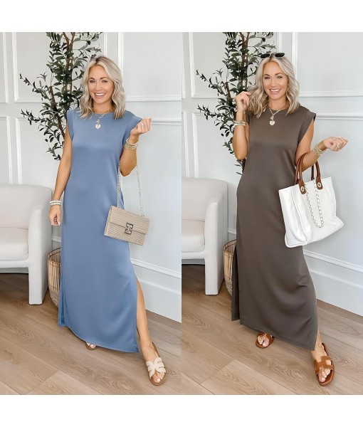 GRECERELLE 2025 Women Year-Round Casual Round Neck Loose Split Wrinkle-Free Long Maxi Vacation Dress with Pockets (XS-3XL)
