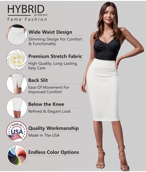 Hybrid & Company Women's Premium Nylon Ponte Stretch High Waist Pencil Suit Skirt Below Knee