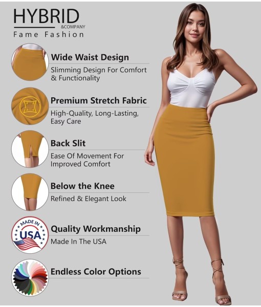 Hybrid & Company Women's Premium Nylon Ponte Stretch High Waist Pencil Suit Skirt Below Knee