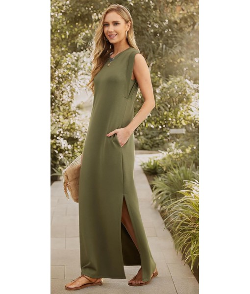 GRECERELLE 2025 Women Year-Round Casual Round Neck Loose Split Wrinkle-Free Long Maxi Vacation Dress with Pockets (XS-3XL)