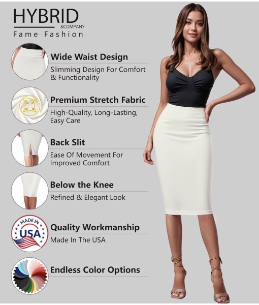 Hybrid & Company Women's Premium Nylon Ponte Stretch High Waist Pencil Suit Skirt Below Knee
