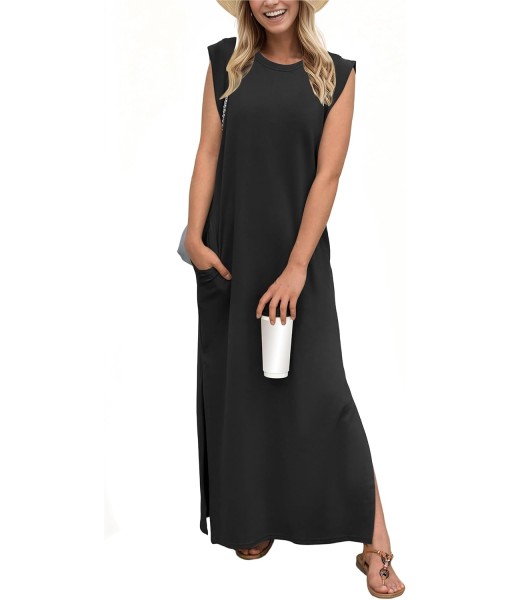 GRECERELLE 2025 Women Year-Round Casual Round Neck Loose Split Wrinkle-Free Long Maxi Vacation Dress with Pockets (XS-3XL)