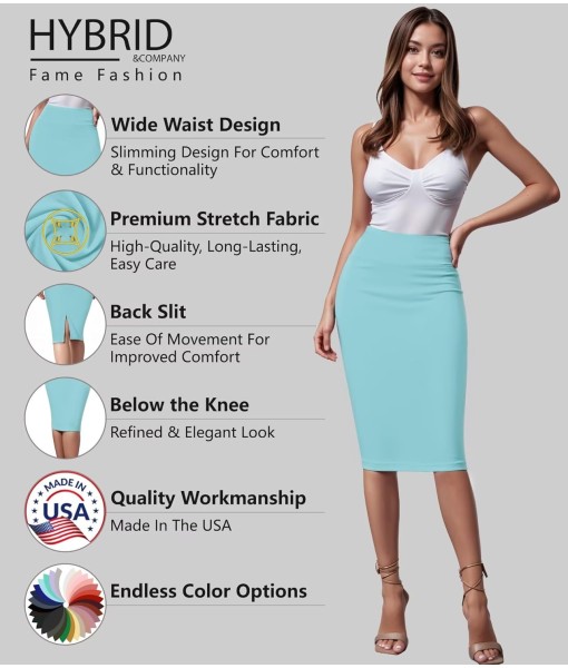 Hybrid & Company Women's Premium Nylon Ponte Stretch High Waist Pencil Suit Skirt Below Knee