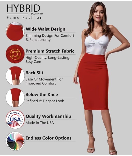 Hybrid & Company Women's Premium Nylon Ponte Stretch High Waist Pencil Suit Skirt Below Knee