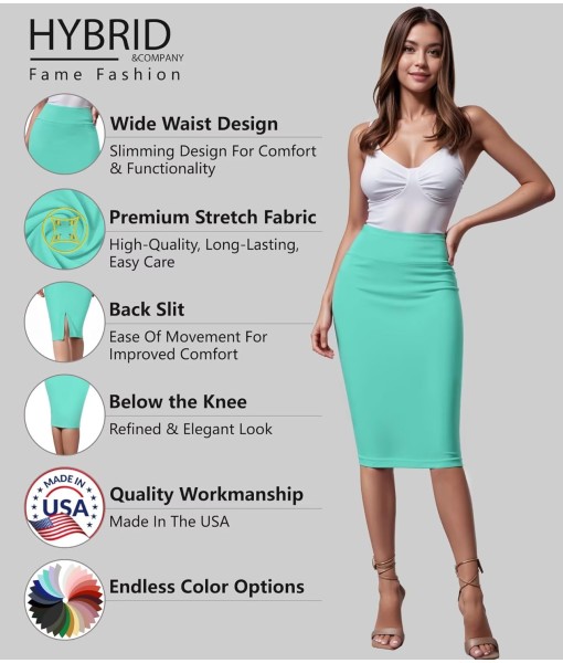 Hybrid & Company Women's Premium Nylon Ponte Stretch High Waist Pencil Suit Skirt Below Knee