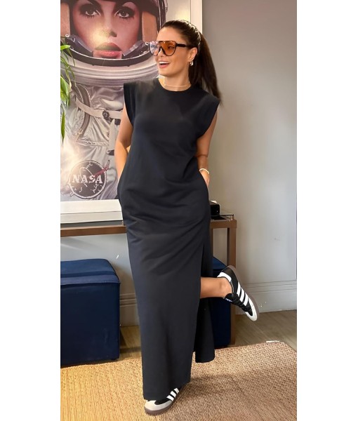 GRECERELLE 2025 Women Year-Round Casual Round Neck Loose Split Wrinkle-Free Long Maxi Vacation Dress with Pockets (XS-3XL)