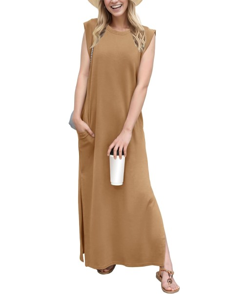 GRECERELLE 2025 Women Year-Round Casual Round Neck Loose Split Wrinkle-Free Long Maxi Vacation Dress with Pockets (XS-3XL)