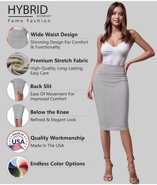 Hybrid & Company Women's Premium Nylon Ponte Stretch High Waist Pencil Suit Skirt Below Knee